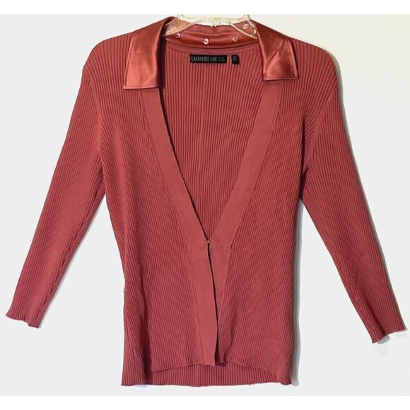 LAFAYETTE 148 NY Pink Stretch Silk Removable Satin Collar Ribbed Cardigan Sz S - Picture 1 of 8